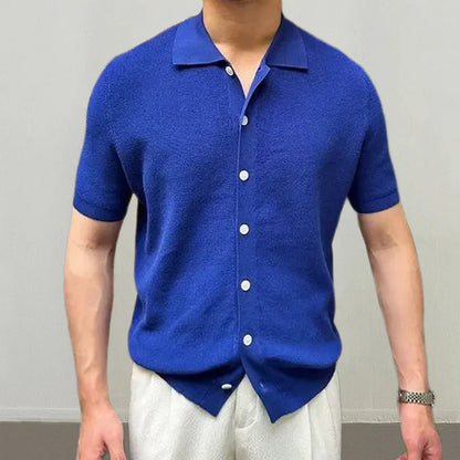 maoxiangshop Leisure Knitting Mens Shirt Short Sleeve Button Turn-down Collar Houndstooth Knit Tops Beach Men Summer Casual Solid Color Tops