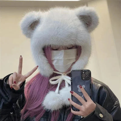 maoxiangshop  -  Winter Bear Ears Hat with Strap Pompom Women Fluffy Fur Fleeze Ear Protection Beanies Outdoor Windproof Cold Warm Plush Bonnet