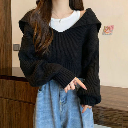 maoxiangshop Rimocy Long Sleeve Cropped Sweater Women Autumn Winter Turn Down Collar Knitted Jumper Woman Korean Style Solid Color Jerseys