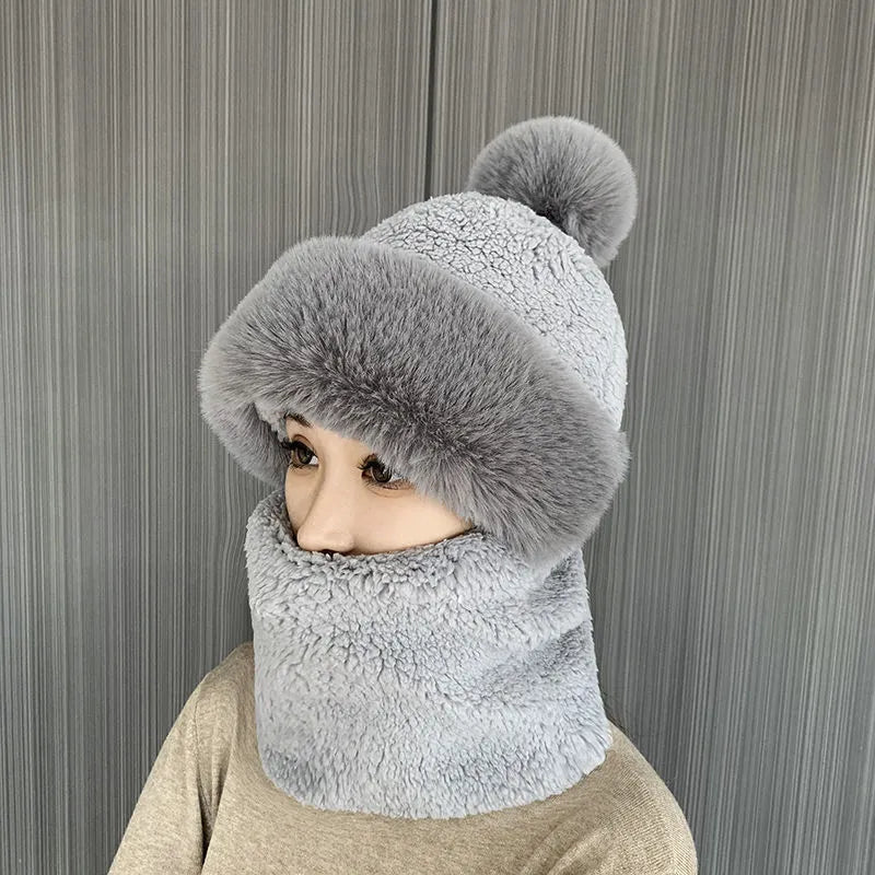 maoxiangshop Winter Scarf Set Hooded for Women Plush Neck Warm Russia Outdoor Ski Windproof Hat Thick Plush Fluffy Beanies