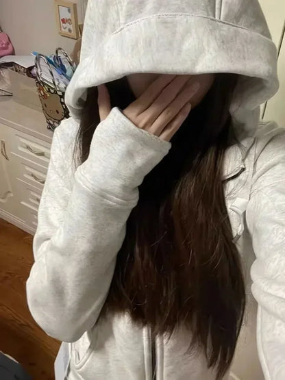 maoxiangshop American Vintage Cropped Hoodies Women Korean Style Streetwear Grey Zip Up Hooded Sweatshirt Casual Y2k Slim Hood Shirt