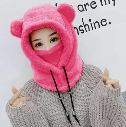 maoxiangshop Cute Winter Earflaps Plush Bear Ears Hats adult Warm Mask for Outdoor Women Bonnet Hood