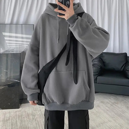 maoxiangshop Fleece Hoodie Men Casual Pocket Long Sleeve Oversized Pullover Tops Harajuku Street Thicken Solid Sweatshirt Sports Pullover 5xl