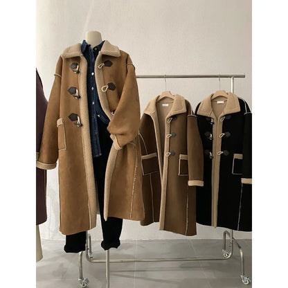 maoxiangshop  -  Korean Winter Fashion Suede Lamb Wool Splice Coat Fashion American Retro Coat High-End Long Single-Breasted Thicken Warm Coat
