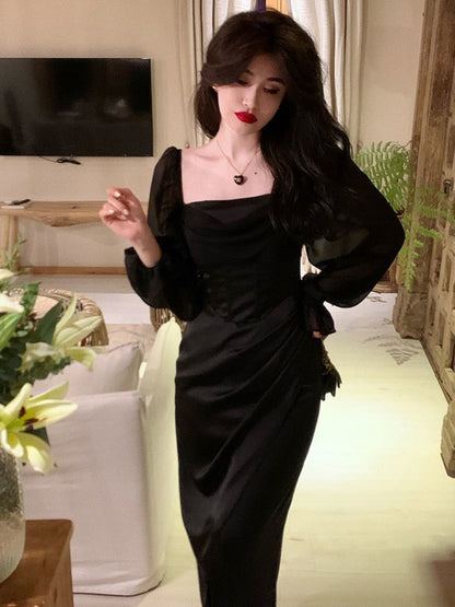 maoxiangshop Autumn Solid Elegant Fairy Dresses Women Casual Party Fashion Korean One Piece Dress Female Lace Vintage Chic Midi Dresses