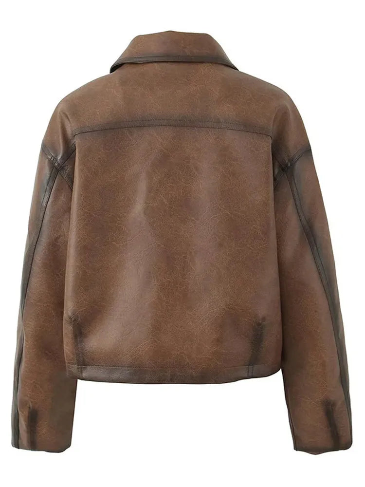 maoxiangshop  -  Retro Solid Color Button Pu Women's Leather Jacket Fashion Collar Pocket Long Sleeved Coat Autumn Ladies Casual High Streetwear