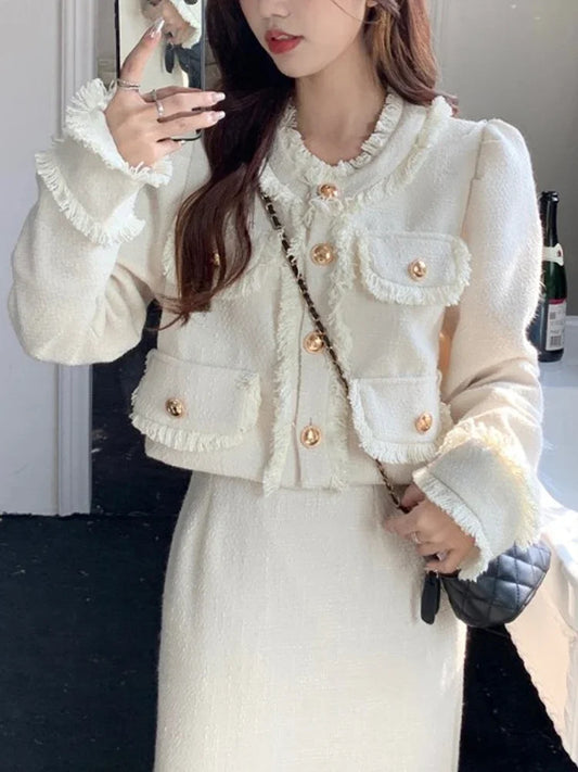 Spring Casual Tow Piece Sets Women White Short Tweed Jacket + Fashion Korean Long Skirt Female Elegant Chic Slim Sweet Suit