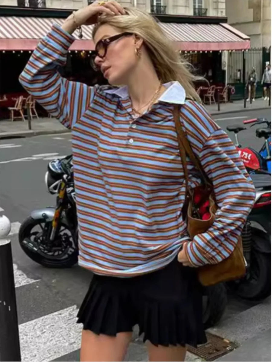 maoxiangshop  -  Striped Vintage Long Sleeve T-shirt Women Autumn New Turndown Collar Button T-shirts 2024 Streetwear Fashion Pullover Tops Tees