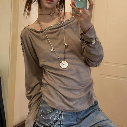 maoxiangshop  -  Y2k Aesthetic Slash Neck Sexy Tshirts Women Harajuku Vintage Button Slim Fit Streetwear Tees 2024 Autumn Grunge Solid T Shirt