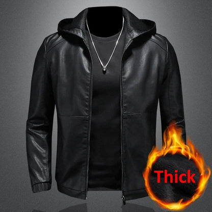 maoxiangshop Hooded PU Jackets Men Biker Jacket Spring Autumn Leather Jacket Coat Male Fashion Casual Black PU Leather Coat Big Size 5XL