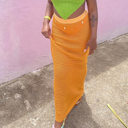 maoxiangshop Female Crochet Hollow Out Skirt Solid/Stripe Patchwork Casual Fashion Clothes Women Elastic High Waist Wrapped Long Skirts S M L