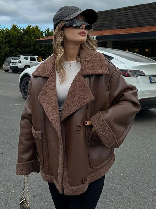 maoxiangshop  -  Plush Patchwork Lapel PU Leather Jackets Women Casual Loose Long Sleeved Jacket Female Autumn Winter Chic High Street Outwears