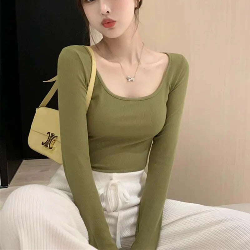 maoxiangshopU Neck Long Sleeve Shirt Women Warm Fleece Sexy Cropped Tops Autumn Winter Black Casual Skinny Slim Basic T Shirt Woman