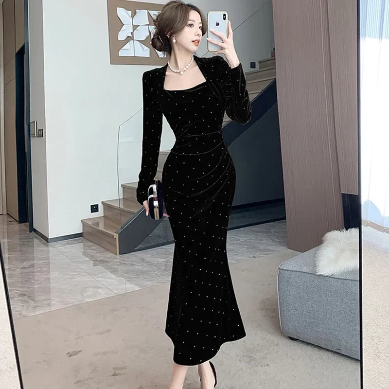 maoxiangshop Autumn Winter Red Velvet Diamonds Square Collar Long Dress Women Elegant Luxury Festival Dress Gown 2024 Korean Vintage Vestidos