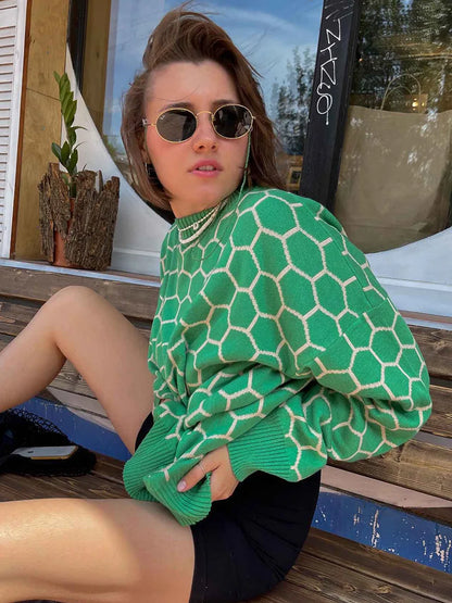 maoxiangshop  -  Autumn New Pullover Sweater Women's Retro Plaid Print Loose Casual Knitted Top  Long Sleeve Round Neck Female Fashion