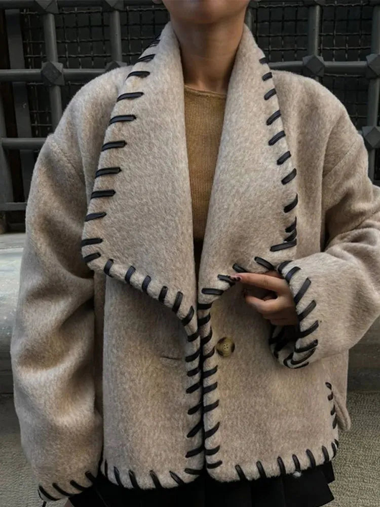 maoxiangshop  -  Wool Coat Women Plush Jackets Chic Laple Patchwork Long Sleeve Short Fleece Top 2024 Autumn Winter Fashion New Lady Streetwears