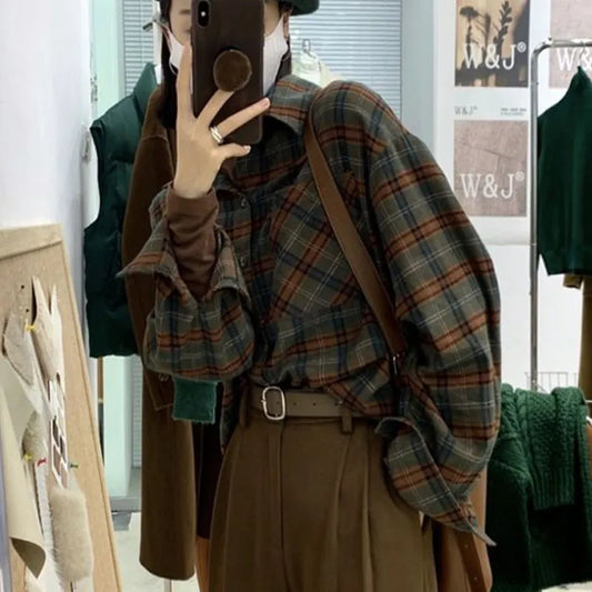 maoxiangshopVintage Women's Plaid Shirt Oversized Blouse Korean Fashion Long Sleeve Top Female Elegant Green Spring Clothes Y2k Preppy