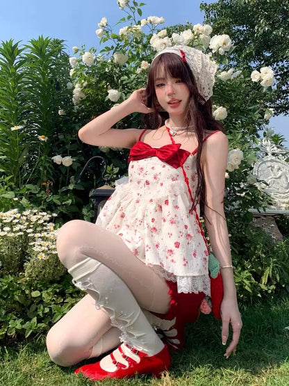maoxiangshop  -  Cute Girl Sweet Bow Lace Splice Camisole Top Red Slimming Pumpkin Shorts Set Summer New Beach Style Two Piece Sets Women Outfits