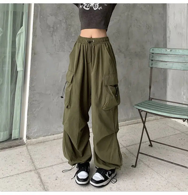 Women Casual Tech Pants Drawstring Black Low Waist Wide Leg Trousers Oversized Sweatpant Baggy Joggers Y2k Streetwear Cargo Pant