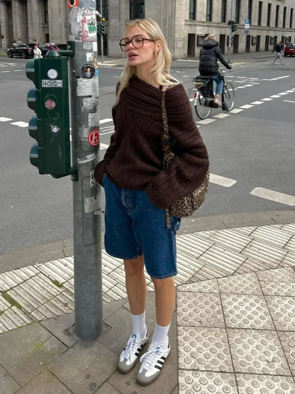 maoxiangshop  -  Elegant Oversize Knitted Thick Pullover Winter Fashion Slash Neck Full Sleeve Gray White Warm Women Sweater Streetwear