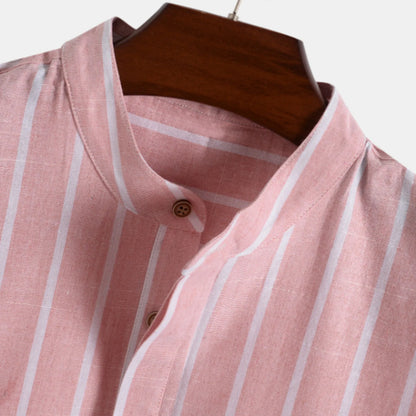 maoxiangshop Summer Blouse Male Casual Stripe Printing Shirt Short Sleeve Stand Collar Blouse Tops For Mens Outdoor Beach Shirts рубашка