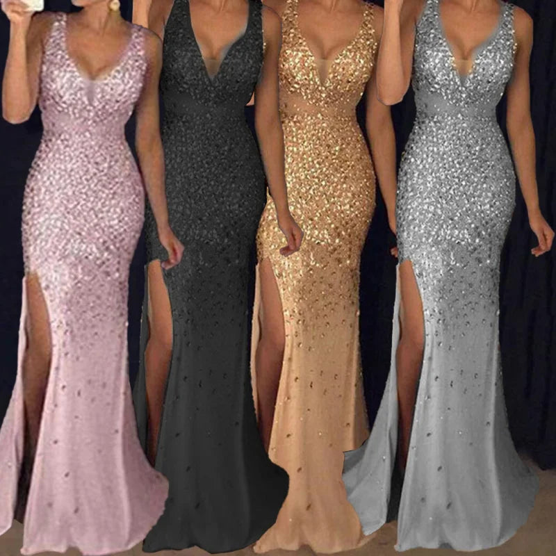 maoxiangshop-Plus Size New 2024 Womens Long Dress with Plus Size Straps V-neck Slit and Gold Sexy Evening Dresses with Elegant Temperament