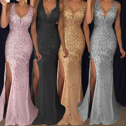 maoxiangshop-Plus Size New 2024 Womens Long Dress with Plus Size Straps V-neck Slit and Gold Sexy Evening Dresses with Elegant Temperament