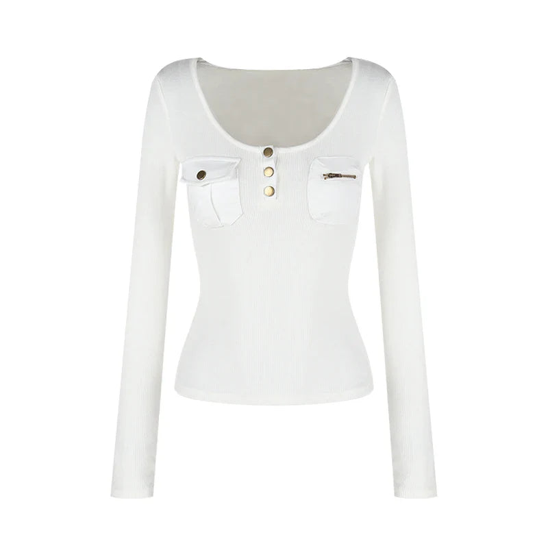 maoxiangshop  -  Y2k Gray Long Sleeve T-shirts for Women White Knitted Base Shirt Pockets Safari Style Slim Low O-neck Autumn Clothes New