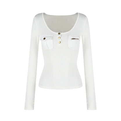 maoxiangshop  -  Y2k Gray Long Sleeve T-shirts for Women White Knitted Base Shirt Pockets Safari Style Slim Low O-neck Autumn Clothes New