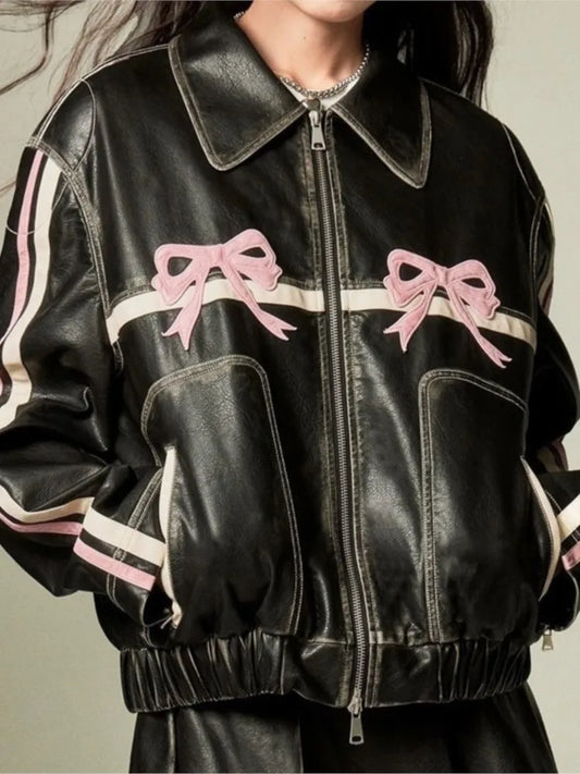 maoxiangshopY2k Bow Pu Leather Jacket Women Autumn Fashion Zipper Polo Collar Tops Sweet Cool Personal Street Vintage Oversized Coats