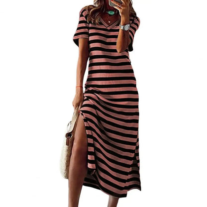 maoxiangshop Summer Dresses Woman Plus Size Dresses For Women Casual Stripe Print V-neck Short Sleeve Loose Long Dress Robe Femme