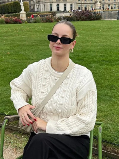 maoxiangshop -  Round Neck Ball Embellished Sweater Women Long Sleeved Warm Knitwear Pullover Autumn Winter Fashion Female Casual Jumper