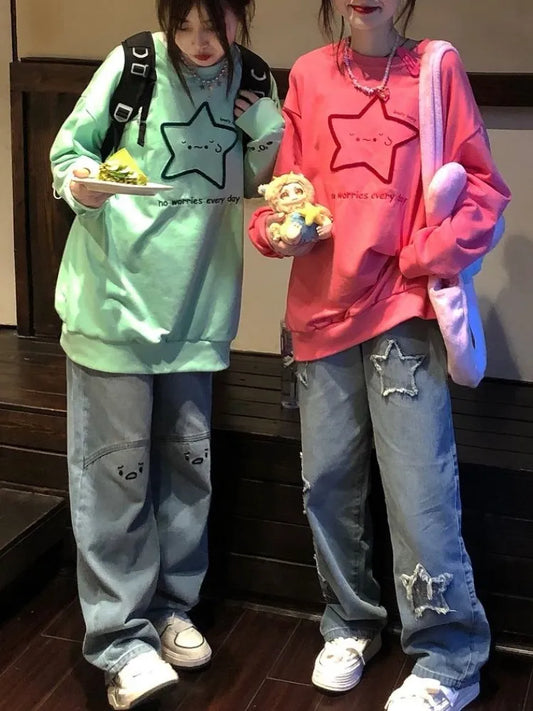 maoxiangshop Deeptown Harajuku Kawaii Star Graphic Sweatshirt Women Japanese Style Oversized Hoodies Vintage Loose Casual Y2K Tops Streetwear