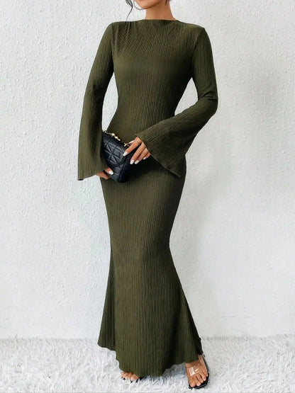 Solid Flare Sleeve Mermaid Dress, Elegant Crew Neck Floor Length Slim Dress, Women's Clothing