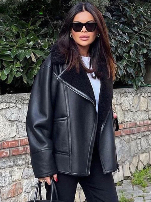 maoxiangshop  -  Autumn Winter Women Warm Black Zipper Faux Leather Jacket Coat Loose Turn Down Collar Thickness Overcoat Female Outwear
