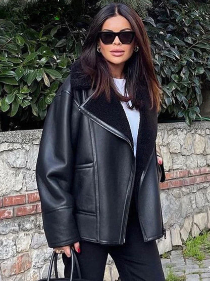 maoxiangshop  -  Autumn Winter Women Warm Black Zipper Faux Leather Jacket Coat Loose Turn Down Collar Thickness Overcoat Female Outwear