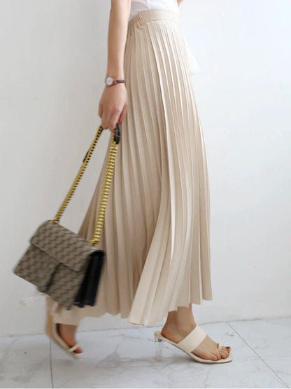 maoxiangshop Brand Designer Women Spring Autumn Elegant Chic Solid Pleated Skirt High Waist Luxury Fashion With Elastic Female