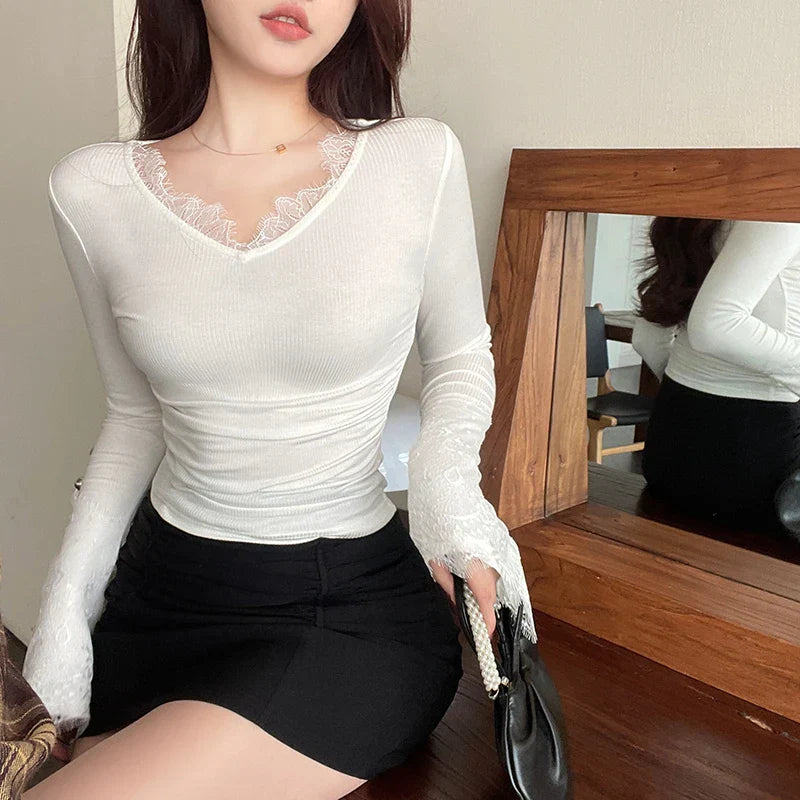 maoxiangshop-Women's Casual Dress 2024 Spring New Elegant Temperament Thin Velvet Version Lace Shrinking Pleated Micro Sleeve Top