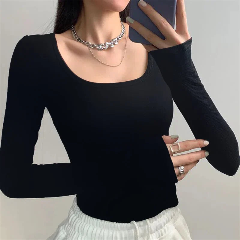 maoxiangshopU Neck Long Sleeve Shirt Women Warm Fleece Sexy Cropped Tops Autumn Winter Black Casual Skinny Slim Basic T Shirt Woman