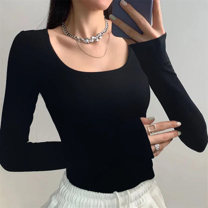maoxiangshopU Neck Long Sleeve Shirt Women Warm Fleece Sexy Cropped Tops Autumn Winter Black Casual Skinny Slim Basic T Shirt Woman