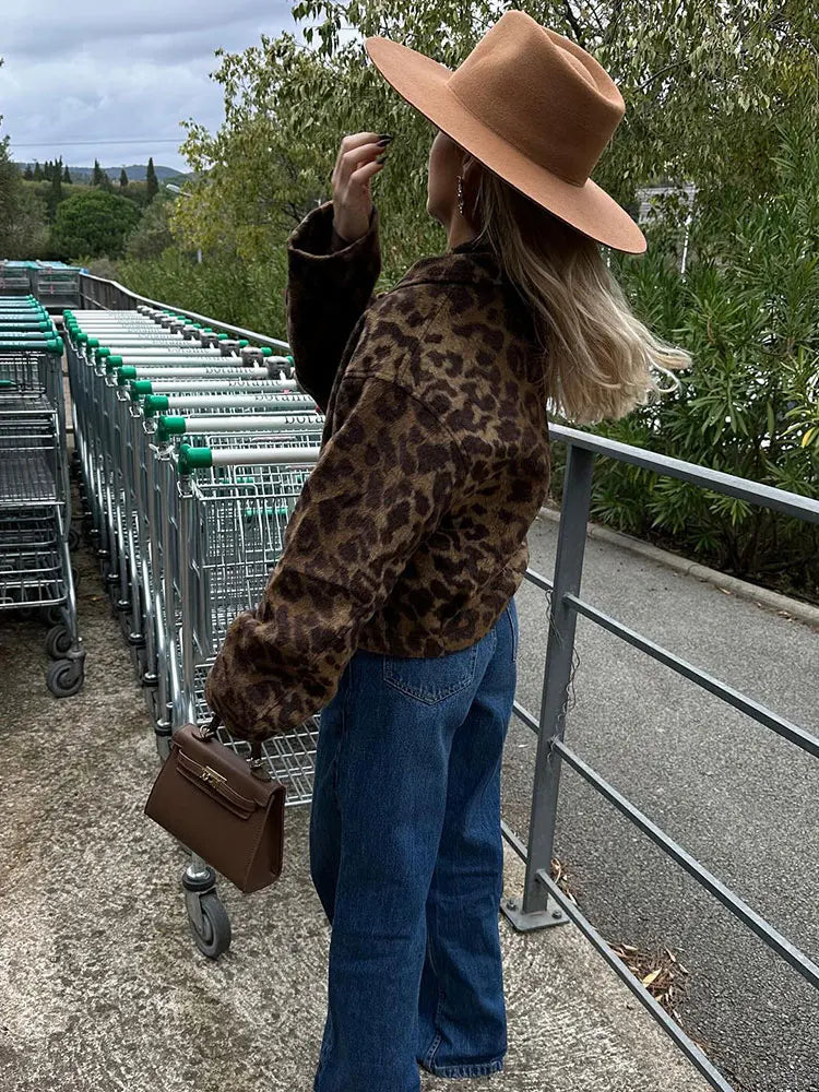maoxiangshop -  Chic Leopard Button Short Coats For Women Elegant Long Sleeve Lapel Plush Jackets Ladies Fashion Winter High Street Outerwear