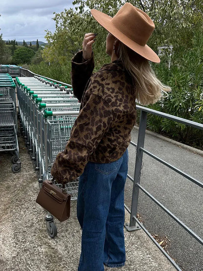 maoxiangshop -  Chic Leopard Button Short Coats For Women Elegant Long Sleeve Lapel Plush Jackets Ladies Fashion Winter High Street Outerwear