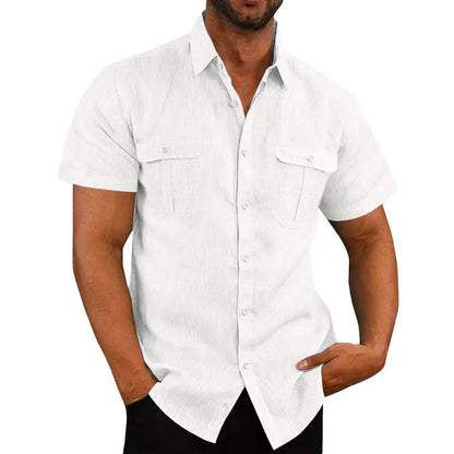 maoxiangshop Summer Cotton Linen Casual Shirts Men Short Sleeve Solid Color Turn Down Collar Shirt Mens Breathable Beach Style Blouse 5XL