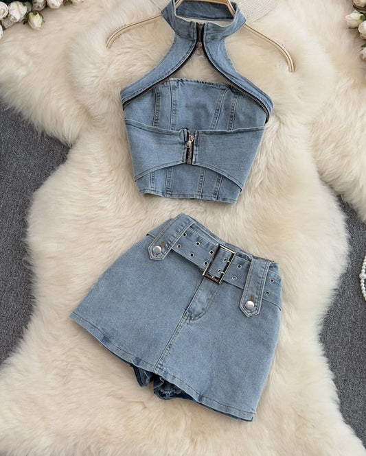 maoxiangshopWomen Halter Backless Sexy Denim Top Hig Waist Shorts New Two Piece Set Temperament Fashion Spring Summer