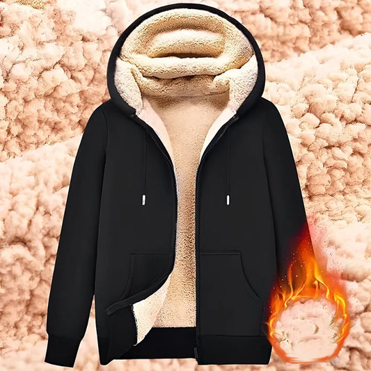 maoxiangshop Trendy Sweatshirt Coat Front Pockets Warm Zipper Lamb Wool Jacket  Men and Woman Winter Pure Color Plush Lined Cardigan Hoodie