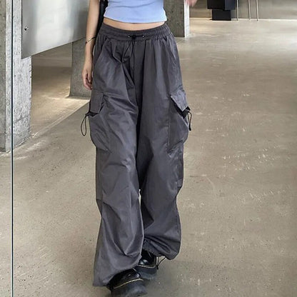 maoxiangshop Hip Hop Women Cargo Pants Streetwear All Match Y2K Wide Leg Pants Korean Elastic Waist Sweatpants Female Chic Trousers