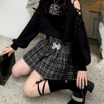 maoxiangshop Kawaii Gothic Lolita Plaid Skirt Women Goth Bow Black High Waist A-line Mini Skirts Japanese Style Harajuku Soft Girl