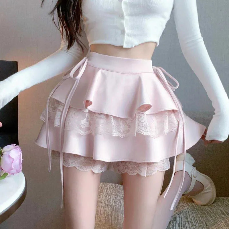 maoxiangshop Kawaii Pink Ruffle Mini Skirt Women Fairycore Lace Double-layer Cute High Waist Bandage Sexy Short Skirt Coquette Lolita