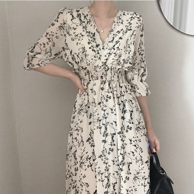 maoxiangshop Vintage Korea Fashion Clothing Summer Slim Elastic Waist A Line V Neck Elegant Office Lady Floral Chic Chiffon Long Dress Retro