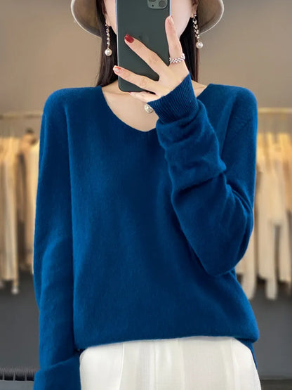 maoxiangshop Pure Wool V-Neck Sweater Women's Short Autumn And Winter All Loose And Thin Pullover Sweater Base Shirt Solid Color Authentic